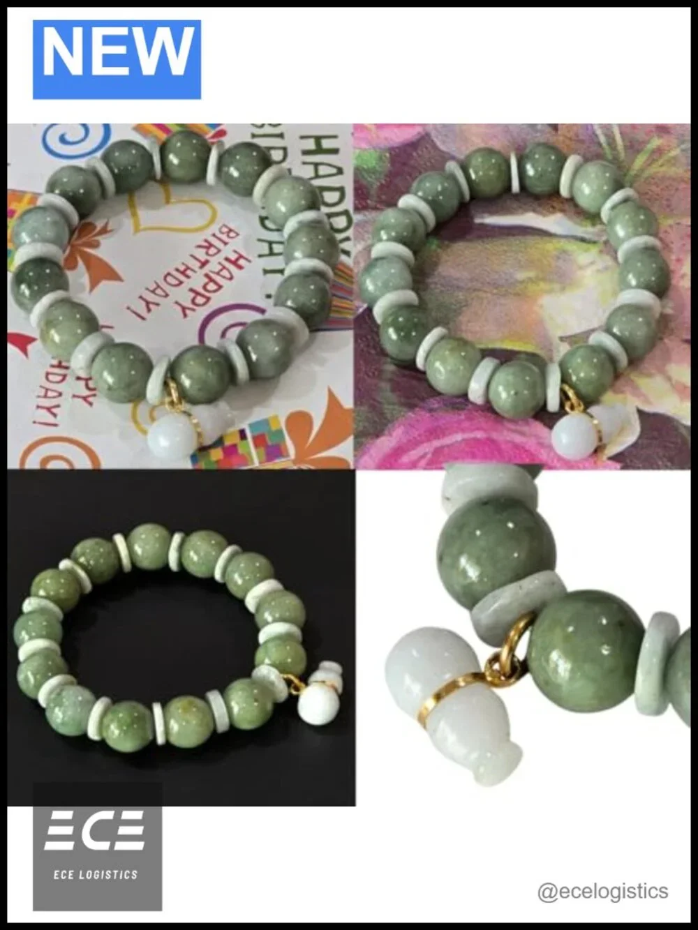 Green Jade Beaded Stretch Bracelet White Gourd Charm Feng Shui